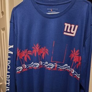 New York Giants Margaritaville Blue Long Sleeve Shirt with Red Palm Tree Design